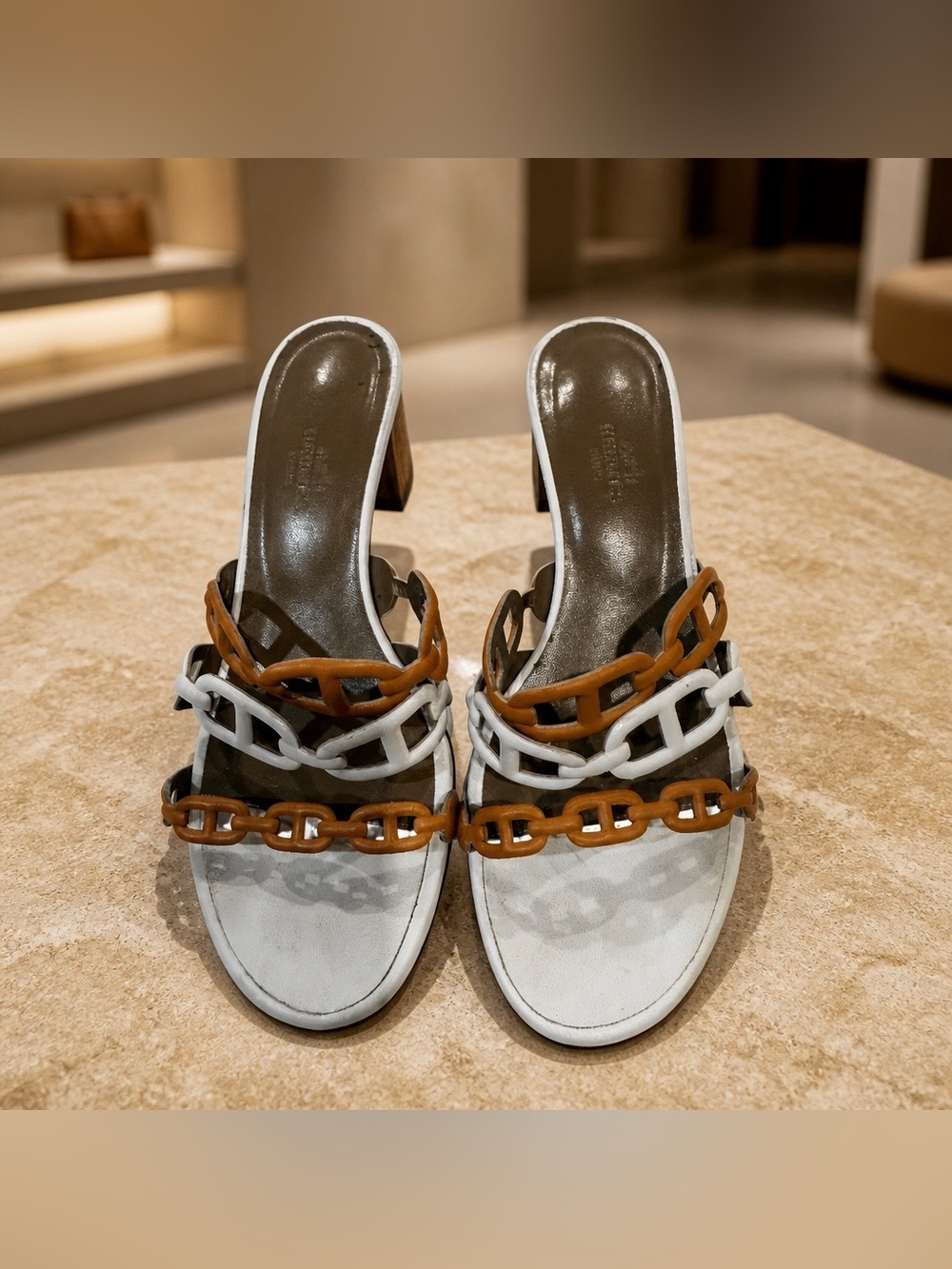 Hermes Vintage Chaine D’ancre Leather Chain Link And Wood Heel Sandal
